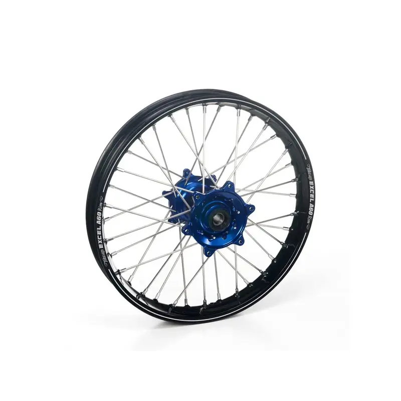 Roue avant complète HAAN WHEELS A60 21x1.60 jante noire/moyeu bleu/rayons argent/tête de rayon bleu Yamaha YZ250F/YZ450F
