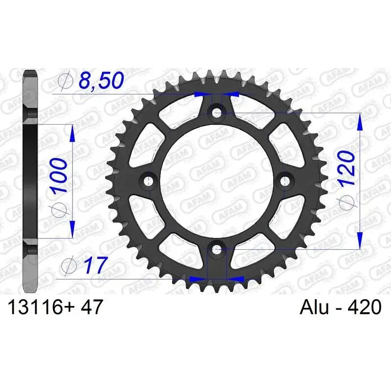 Couronne AFAM 47 dents alu ultra-light anti-boue pas 420 type 13116